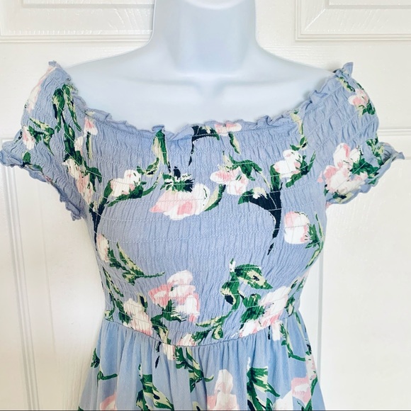 Sky Blue and Blush Pink Flowers Cotton Mini Dress Women’s Sz L - Picture 3 of 10